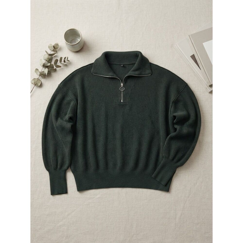 Women's Amazon Dark Green Ribbed Quarter-Zip Sweater Size Medium